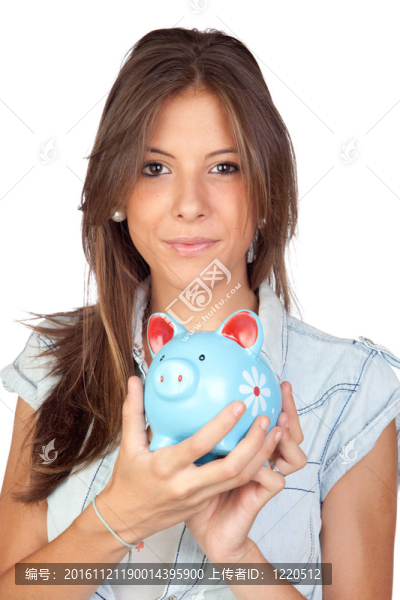 美麗的女孩，一個(gè)藍(lán)色的儲(chǔ)蓄罐