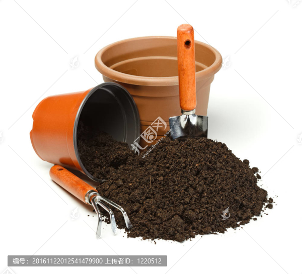 花盆；園藝工具和泥土