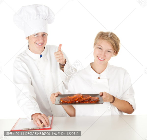 廚師與拇指檢查廚師；廚師團(tuán)隊(duì)在白色制服準(zhǔn)備肉；系列