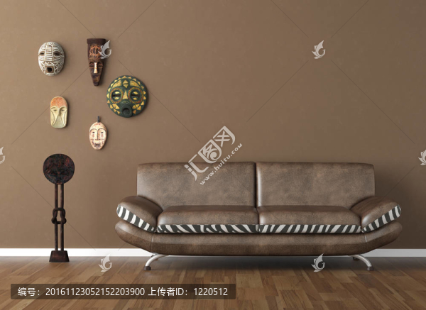 帶有部落面具和沙發(fā)的棕色墻壁