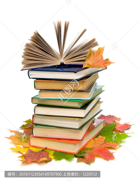 打開的書在一堆書和秋楓在白色背景的樹葉特寫