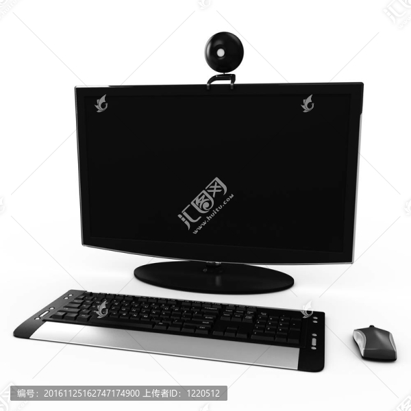 帶有黑色電腦顯示器的3D現(xiàn)代工作臺(tái)；無(wú)線鍵盤(pán)和無(wú)線鼠標(biāo)