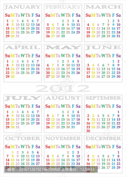 日歷2012,-特定顏色的每一天的一周