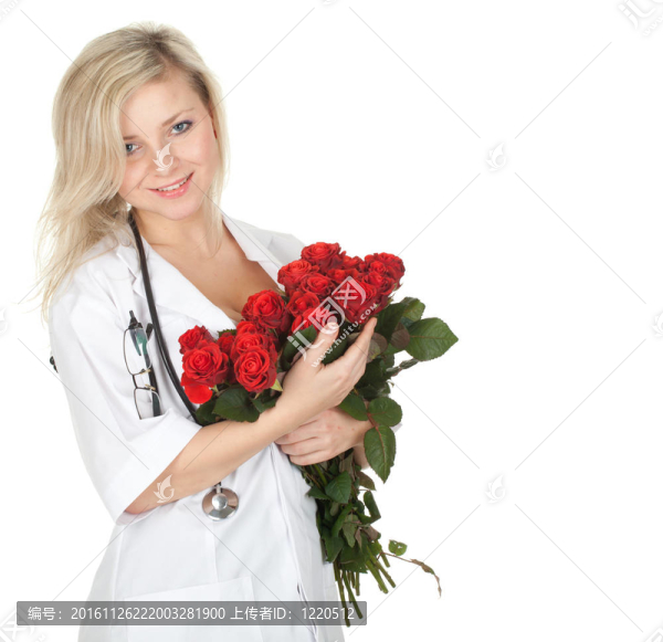 可愛的女人與一束紅玫瑰
