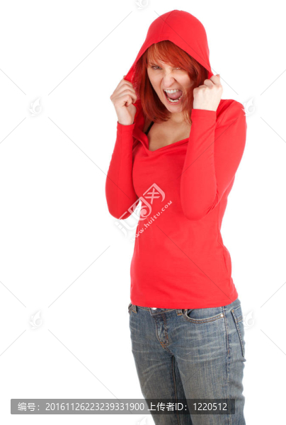 憤怒；年輕女子在紅頭巾張開嘴