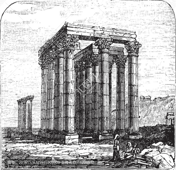 宙斯或列的奧林匹亞宙斯神廟；希臘；Athens。復(fù)古雕刻。