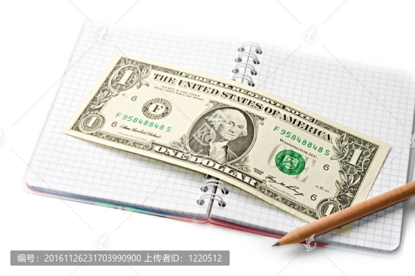 記事本；鉛筆；美元在白色上孤立