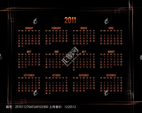 橙色日歷2011黑色背景與抽象邊界