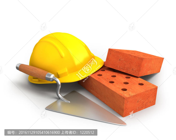 磚；工具和一個黃色的塑料頭盔