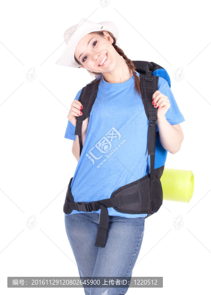 年輕的女游客的背包和carrimat；系列