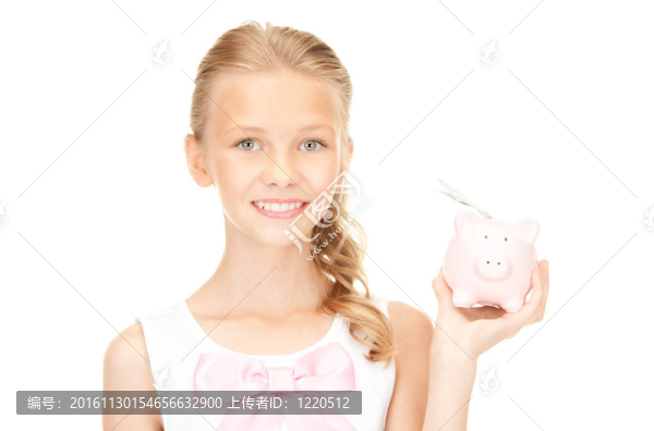 可愛的少女與存錢罐和錢