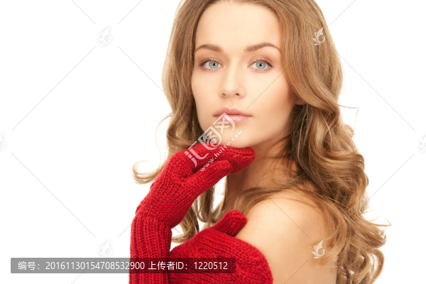 在紅色的手套美麗的女人