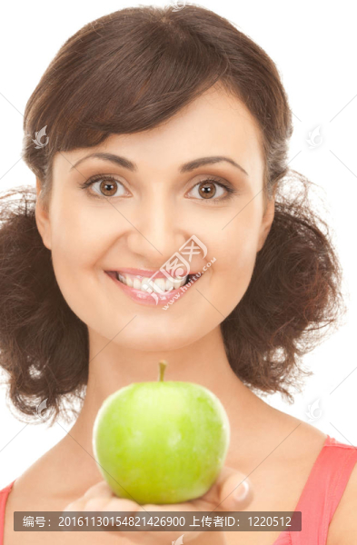 年輕美麗的女人和綠色的蘋果