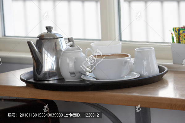 在托盤上的茶和咖啡