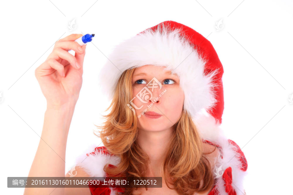Santa小姐正在用藍(lán)筆寫字