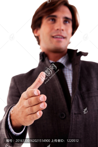 英俊的商人；用手臂伸展握手；孤立的白色；攝影棚