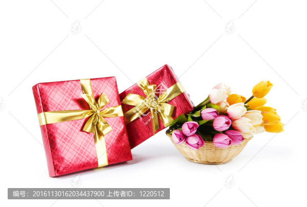 慶祝理念-禮品盒和郁金香花