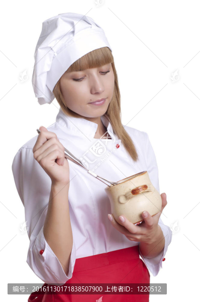 迷人的廚師女人一個(gè)白色的背景