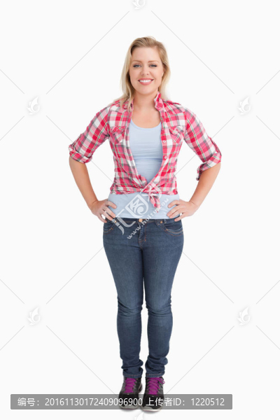 快樂的年輕女人把手放在臀部