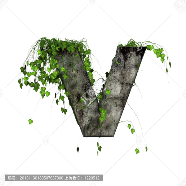 綠色常春藤上的3D石頭字母-,V
