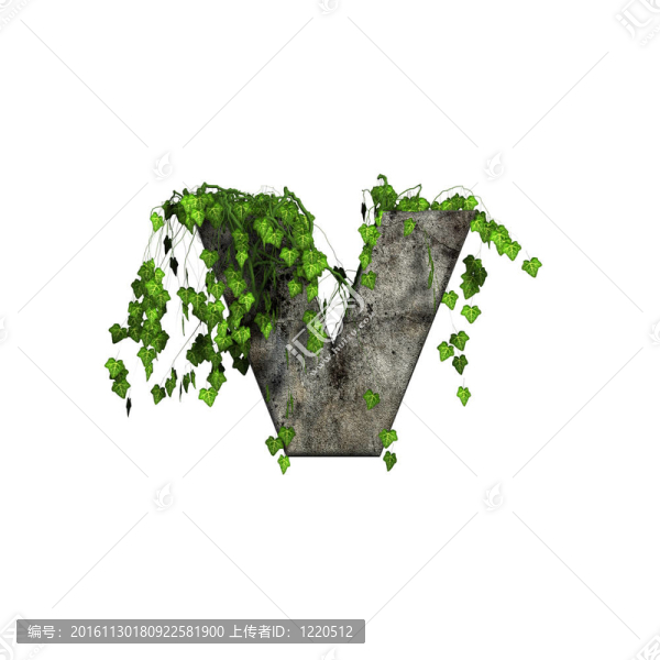 綠色常春藤上的3D石頭字母-,V