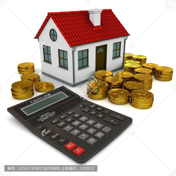 紅屋頂房屋；計算器；金幣堆。3D渲染
