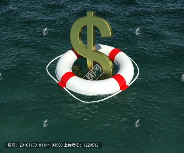 在水中的救生圈美元符號。3D渲染