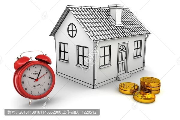 模型家庭；紅色鬧鐘；金幣堆。3D渲染