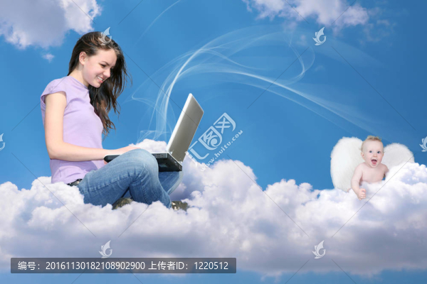 女孩與筆記本在云和小天使拼貼