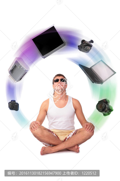 年輕瑜伽男子夢想家庭設(shè)備拼貼；休息和購買