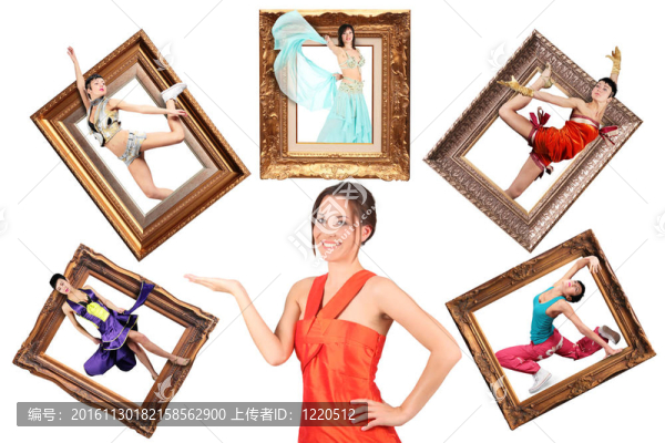 美麗的女孩穿紅衣服的具有多任務(wù)多的婦女在相框拼貼