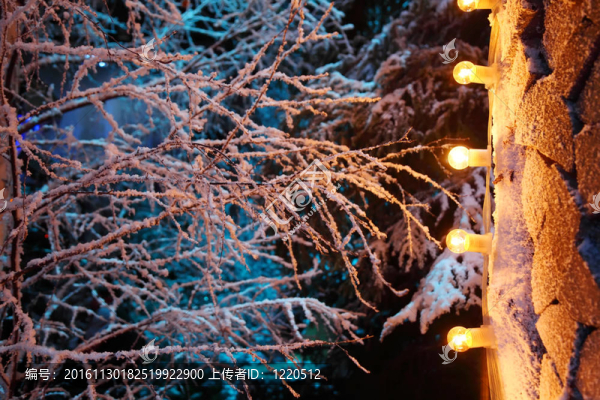 雪覆蓋綠色的樹(shù)枝；堆木材；小燈泡的花環(huán)