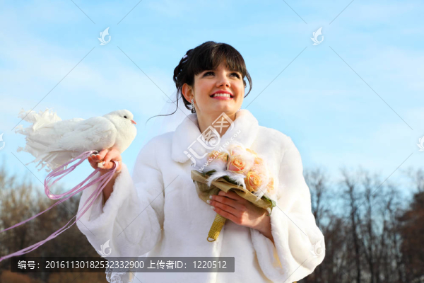 微笑的新娘帶著花束抱著白鴿，在戶外眺望遠方