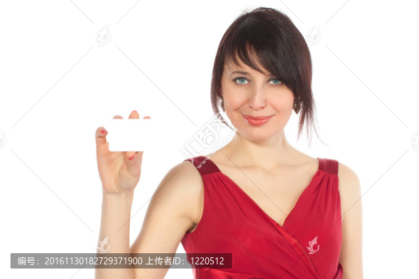 快樂的白人婦女與空白名片