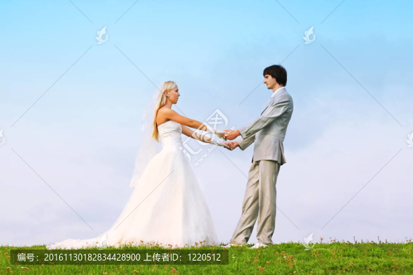 美麗的年輕新郎和新娘穿著白色的衣服站在綠草和手中