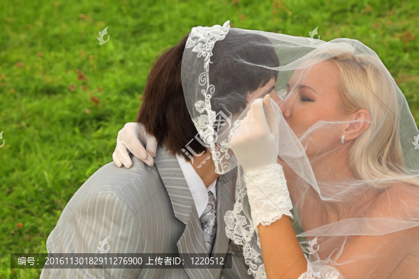 美麗的年輕新郎和新娘穿著白色的裙子藏在面紗和親吻綠色的田野上