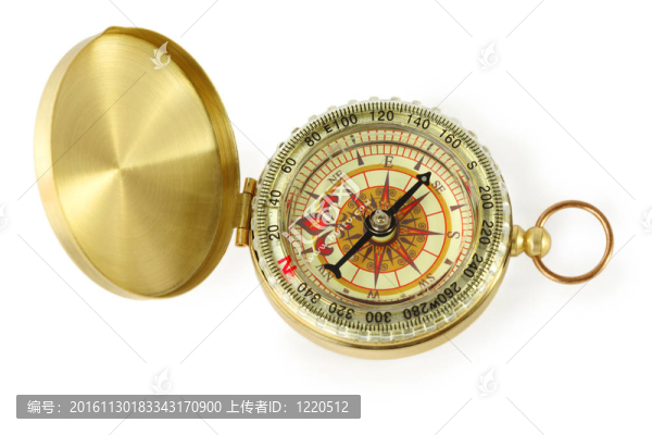 美麗的黃金羅盤與黑色針孤立在白色