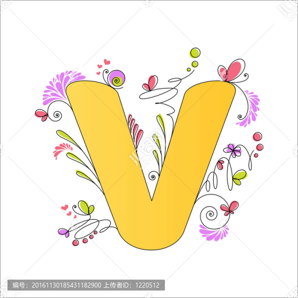 七彩花字母。字母V