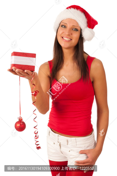 漂亮的女孩穿著像Santa的圣誕禮物