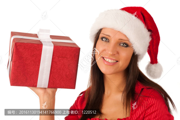 漂亮的女孩穿著像Santa的圣誕禮物