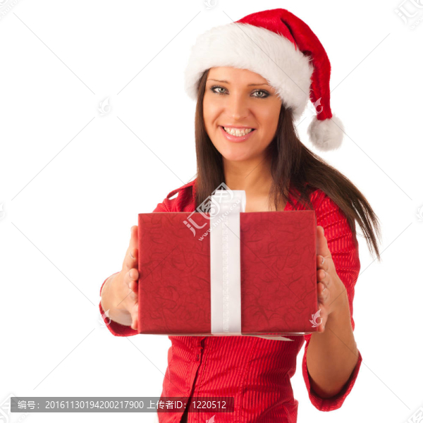 漂亮的女孩穿著像Santa的圣誕禮物