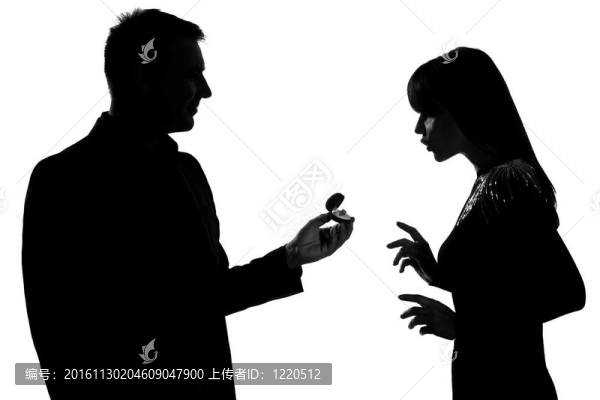 一個白人夫婦男子提供訂婚戒指和女人驚訝的工作室剪影孤立在白色背景
