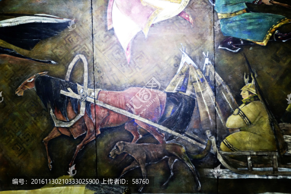 獵人乘坐馬爬犁出獵浮雕