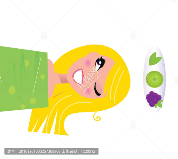 快樂金發(fā)女孩放松和應(yīng)用水果維生素對皮膚。插畫。