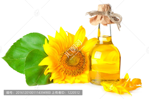 一瓶油和向日葵的葉子