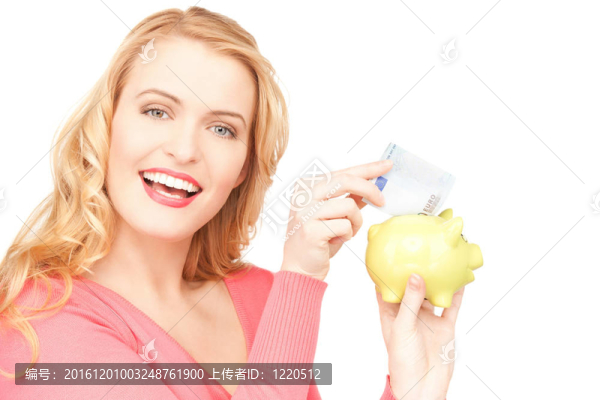 可愛(ài)的女人與儲(chǔ)蓄罐和錢(qián)