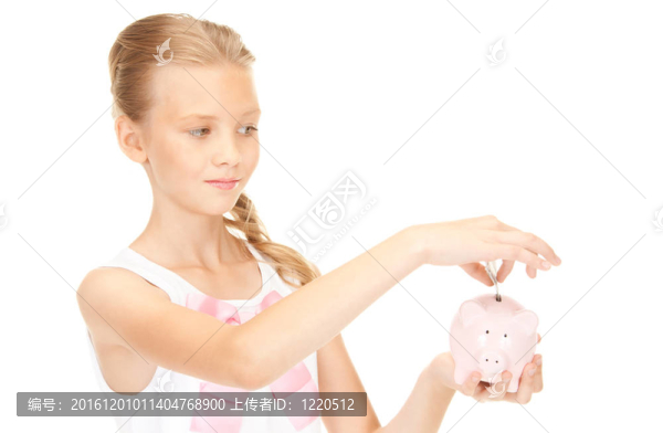 可愛的少女與存錢罐和錢