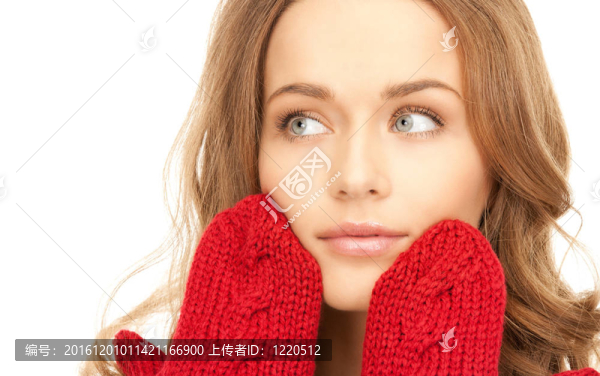 在紅色的手套美麗的女人