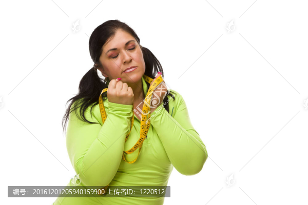 沮喪的西班牙裔婦女與Tape,Measure