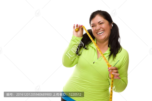 西班牙婦女在鍛煉衣服與卷尺